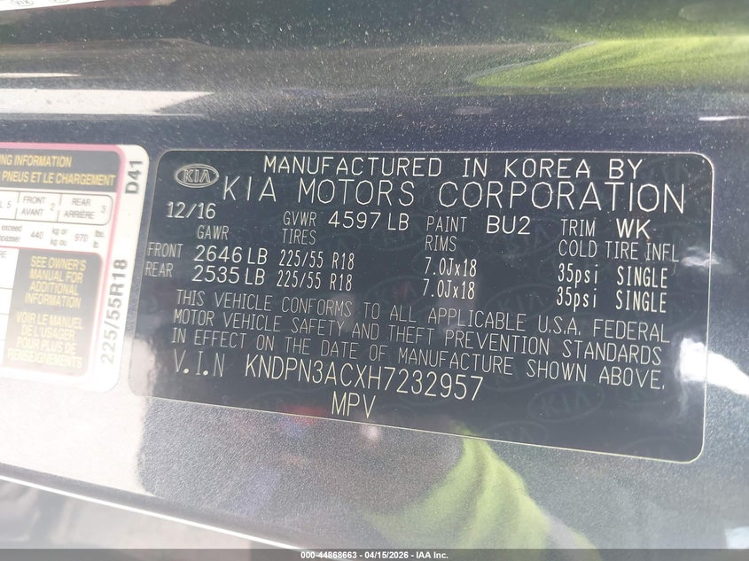 2017 Kia Sportage Ex VIN: KNDPN3ACXH7232957 Lot: 44868663