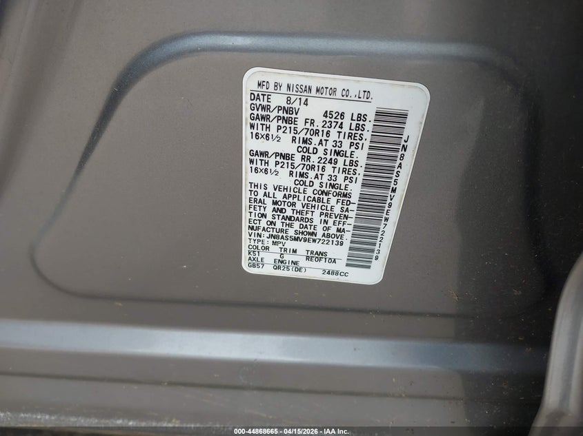 2014 Nissan Rogue Select S VIN: JN8AS5MV9EW722139 Lot: 44868665