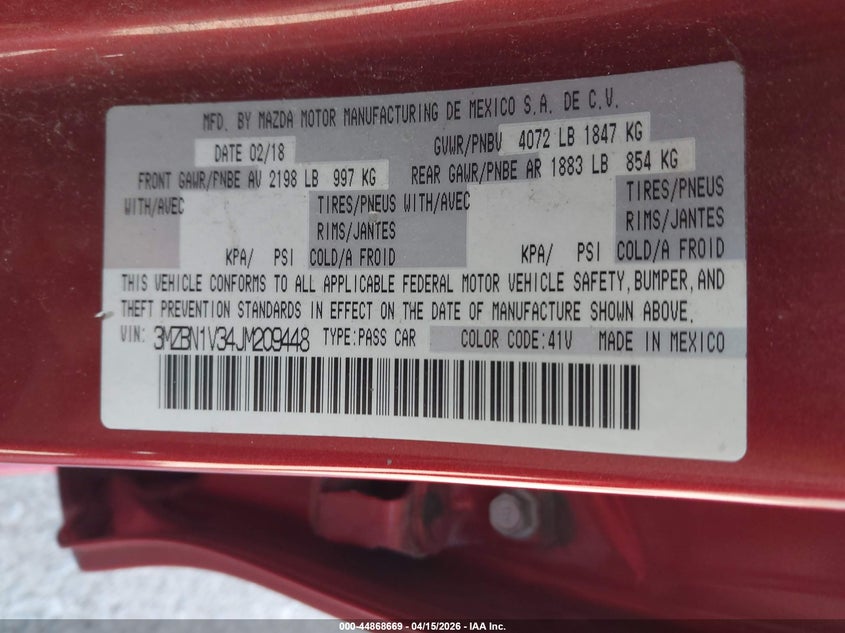 2018 Mazda Mazda3 Touring VIN: 3MZBN1V34JM209448 Lot: 44868669