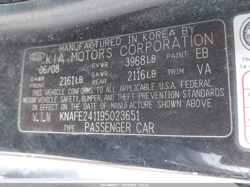 2009 Kia Spectra5 Sx VIN: KNAFE241195023651 Lot: 44868677