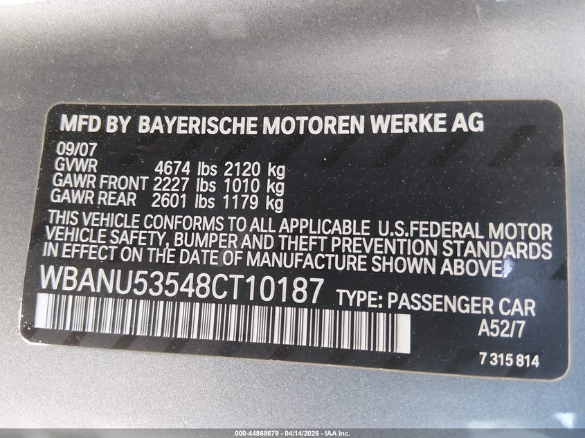2008 BMW 528I VIN: WBANU53548CT10187 Lot: 44868679