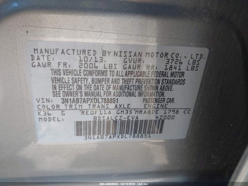 2013 Nissan Sentra S VIN: 3N1AB7APXDL788851 Lot: 44868684