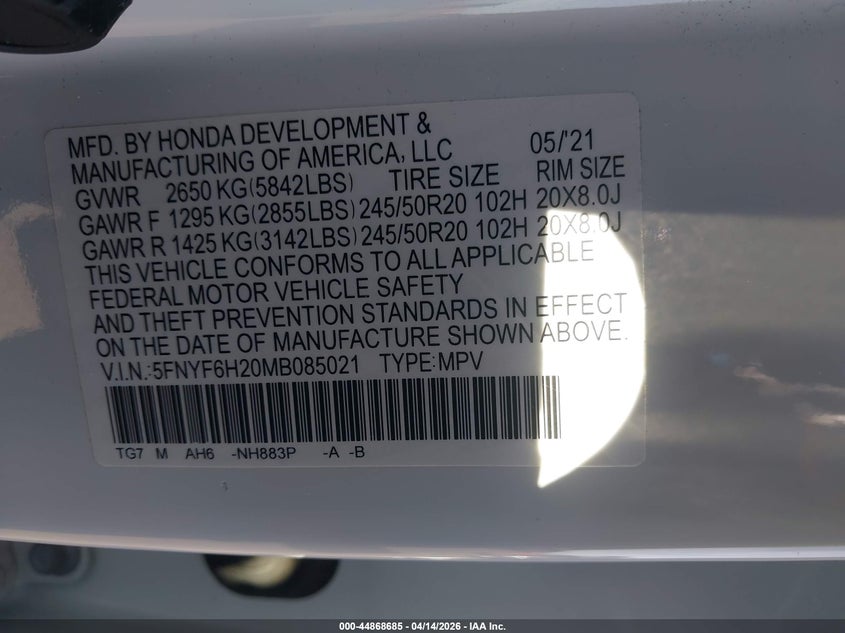 2021 Honda Pilot 3.5 Awd Special Edition white Lot 111044868685 Vin 5FNYF6H20MB085021