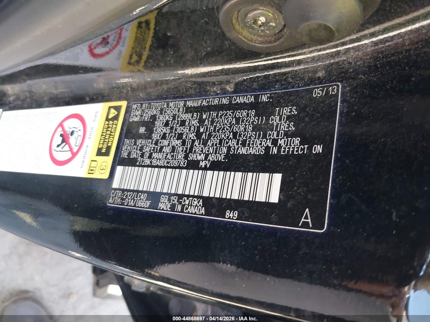 2013 Lexus Rx 350 VIN: 2T2BK1BA8DC209783 Lot: 44868697