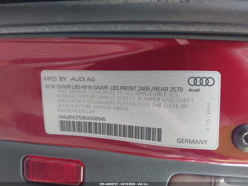 2019 Audi A5 45 Premium VIN: WAUENCF50KA008945 Lot: 44868707