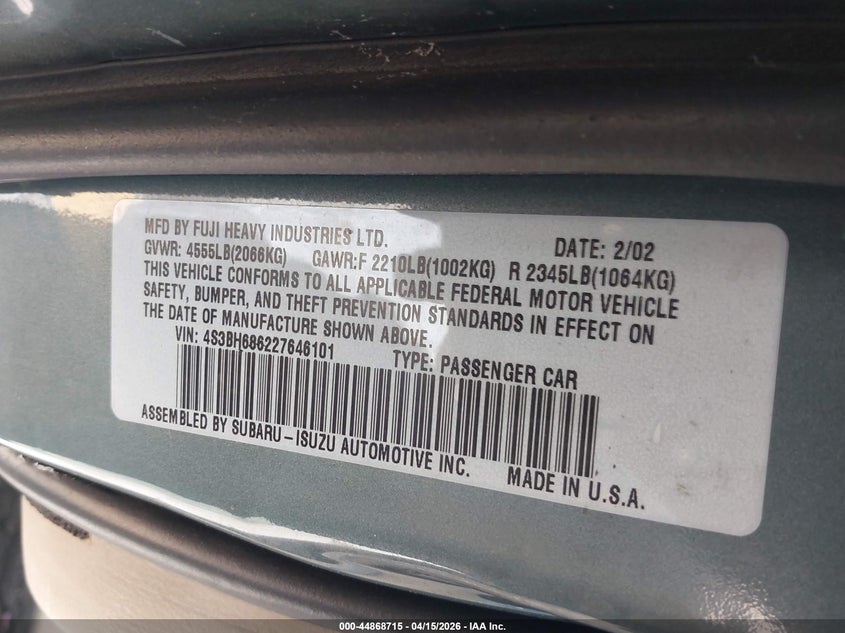 2002 Subaru Outback Limited VIN: 4S3BH686227646101 Lot: 44868715