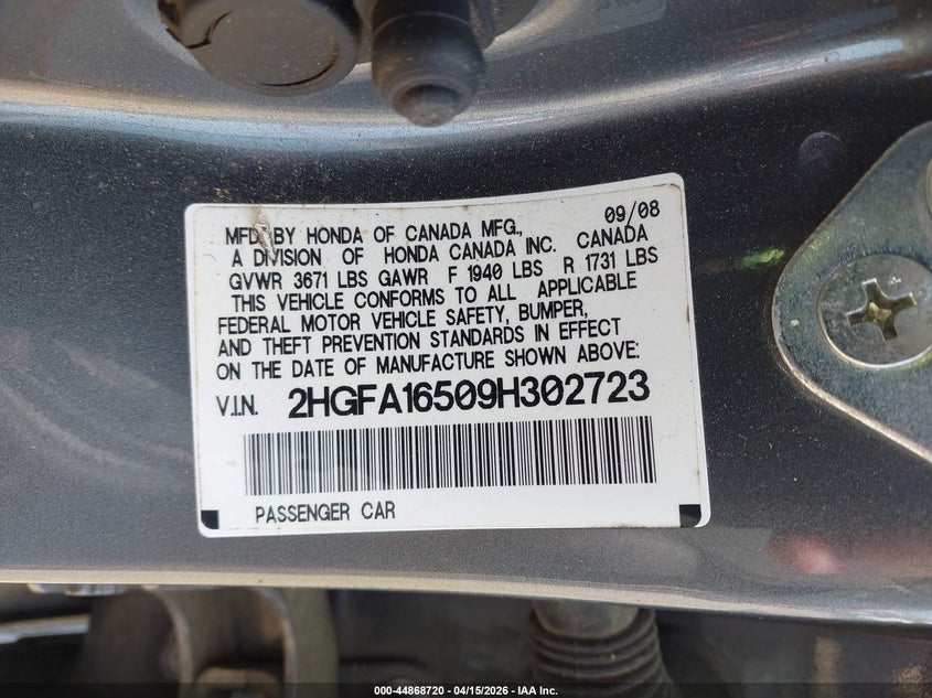 2009 Honda Civic Lx VIN: 2HGFA16509H302723 Lot: 44868720
