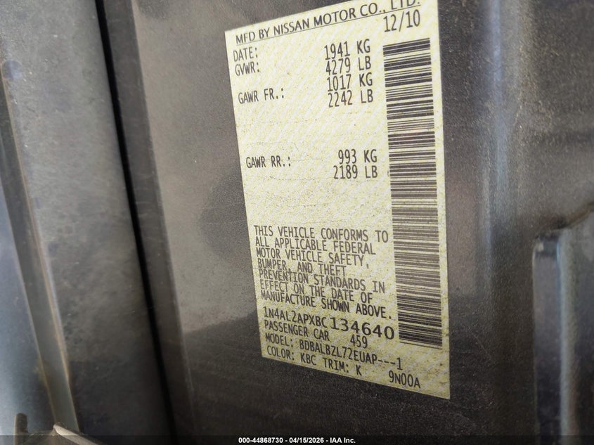 2011 Nissan Altima 2.5 S VIN: 1N4AL2APXBC134640 Lot: 44868730