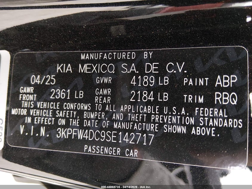 2025 Kia K4 Gt-Line Turbo VIN: 3KPFW4DC9SE142717 Lot: 44868735