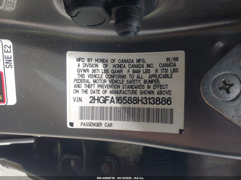 2008 Honda Civic Lx VIN: 2HGFA16588H313886 Lot: 44868739