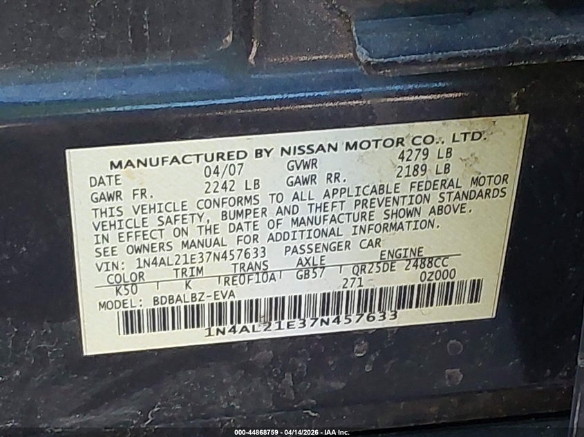 2007 Nissan Altima 2.5 S VIN: 1N4AL21E37N457633 Lot: 44868759