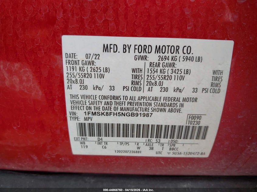 2022 Ford Explorer Limited VIN: 1FMSK8FH5NGB91987 Lot: 44868760