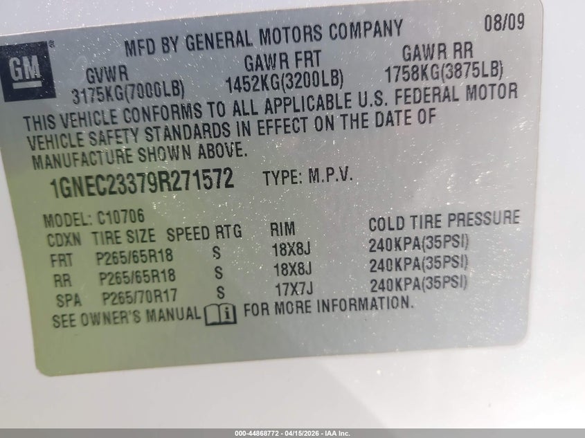 2009 Chevrolet Tahoe Lt2 VIN: 1GNEC23379R271572 Lot: 44868772