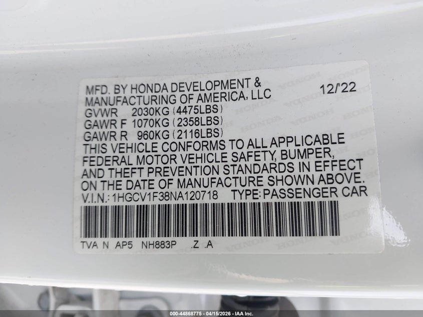 2022 Honda Accord Sport VIN: 1HGCV1F38NA120718 Lot: 44868775