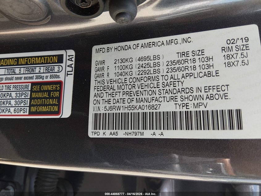 VIN 5J6RW1H55KA016827 2019 HONDA CR-V EX