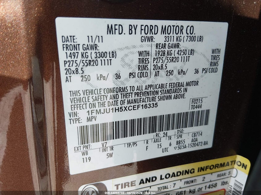 2012 Ford Expedition 5.4 King Ranch brown Lot 111044868789 Vin 1FMJU1H5XCEF16335