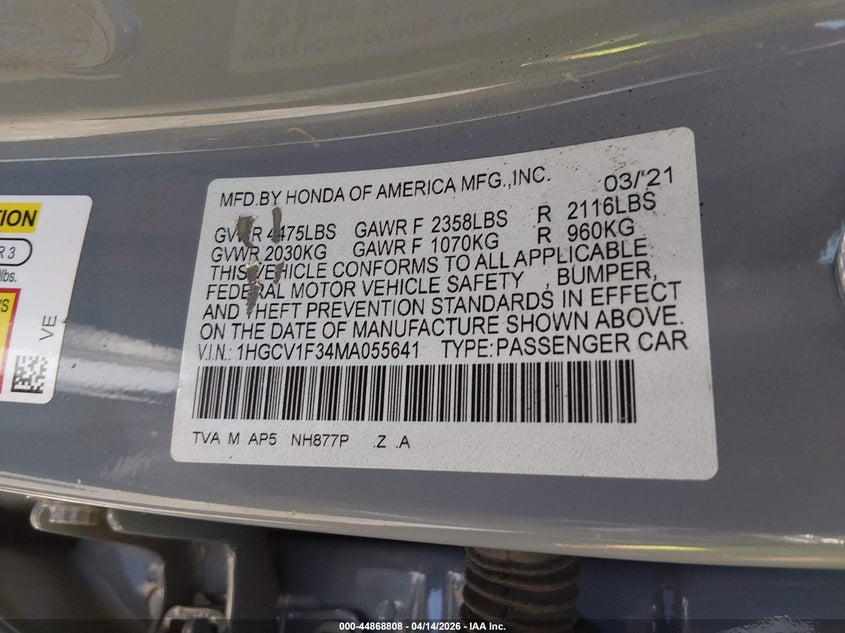2021 Honda Accord Sport VIN: 1HGCV1F34MA055641 Lot: 44868808