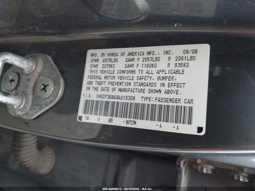 2009 Honda Accord 3.5 Ex-L VIN: 1HGCP36849A015309 Lot: 44868813