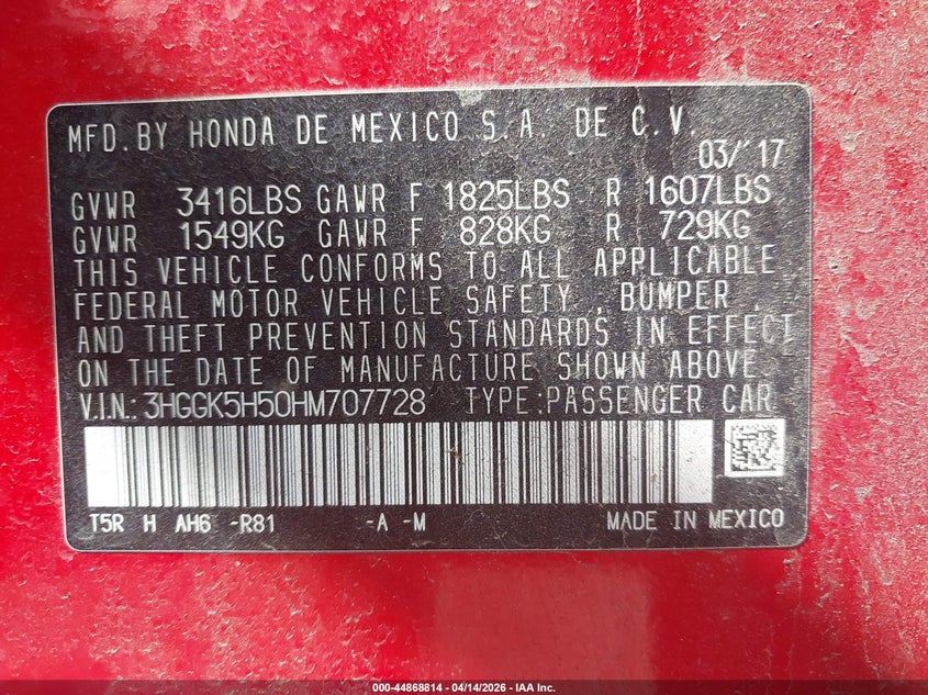 2017 Honda Fit Lx VIN: 3HGGK5H50HM707728 Lot: 44868814