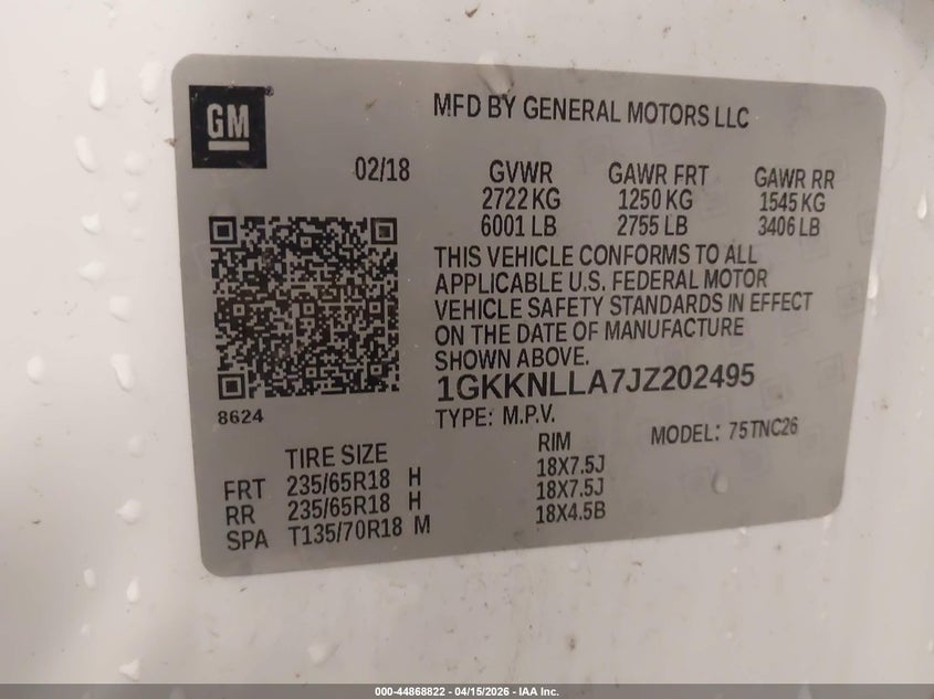 2018 GMC Acadia Sle-2 VIN: 1GKKNLLA7JZ202495 Lot: 44868822