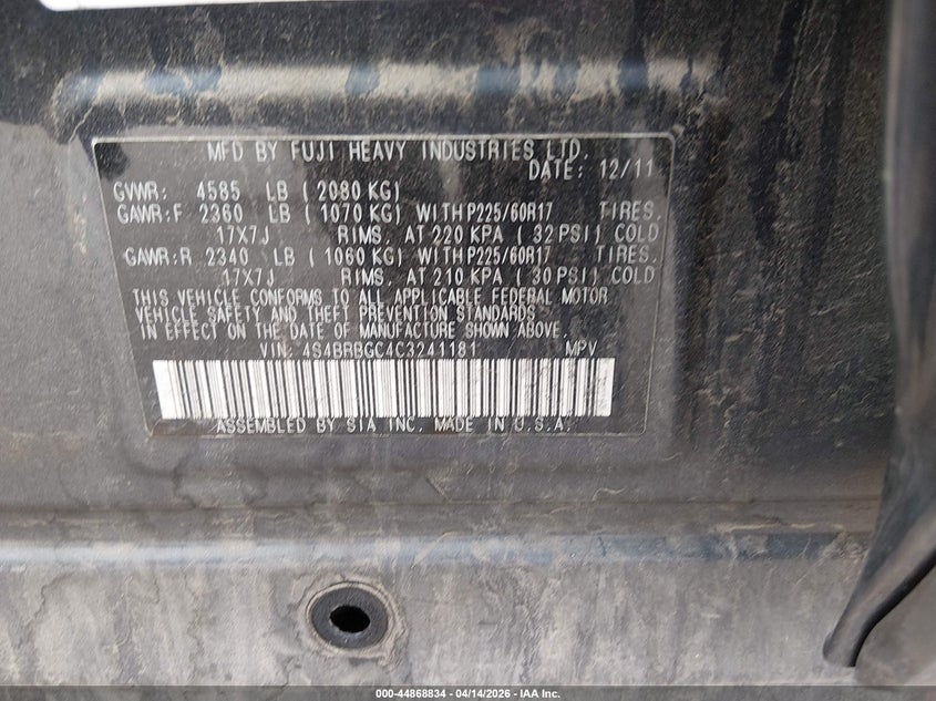 2012 Subaru Outback 2.5I Premium VIN: 4S4BRBGC4C3241181 Lot: 44868834