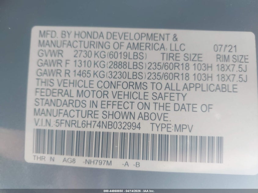 VIN 5FNRL6H74NB032994 2022 HONDA ODYSSEY EX-L