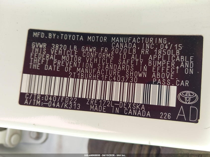 2015 Toyota Corolla S Plus VIN: 2T1BURHE1FC403730 Lot: 44868858