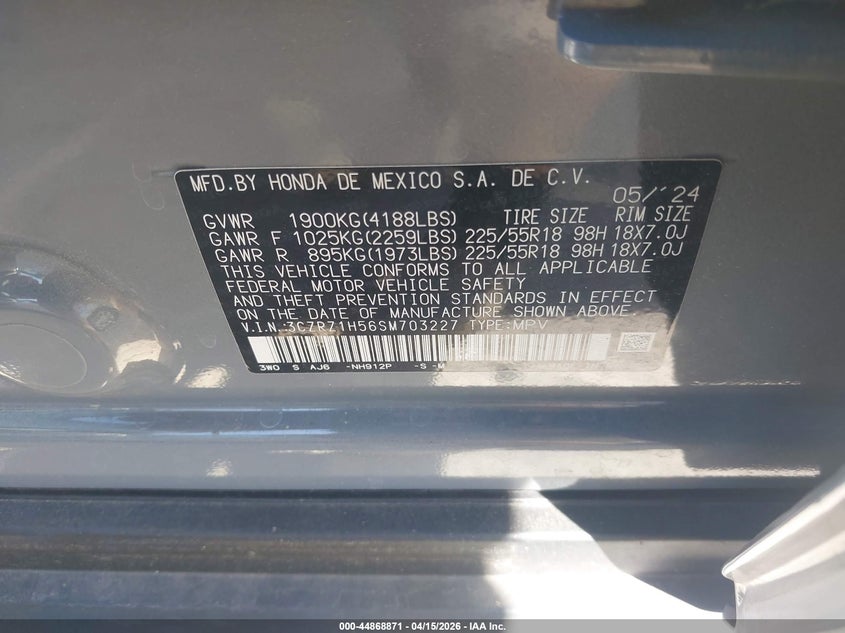 2025 Honda Hr-V 2Wd Sport VIN: 3CZRZ1H56SM703227 Lot: 44868871