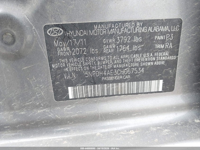 2012 Hyundai Elantra Gls VIN: 5NPDH4AE3CH067534 Lot: 44868880