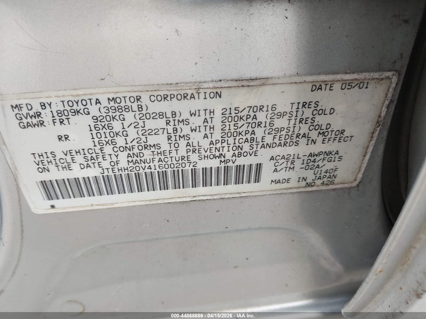 2001 Toyota Rav4 VIN: JTEHH20V416002072 Lot: 44868886