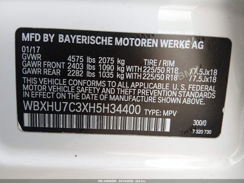 2017 BMW X1 Sdrive28I VIN: WBXHU7C3XH5H34400 Lot: 44868890