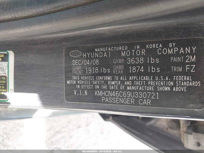 2009 Hyundai Accent Gls VIN: KMHCN46C69U330721 Lot: 44868894