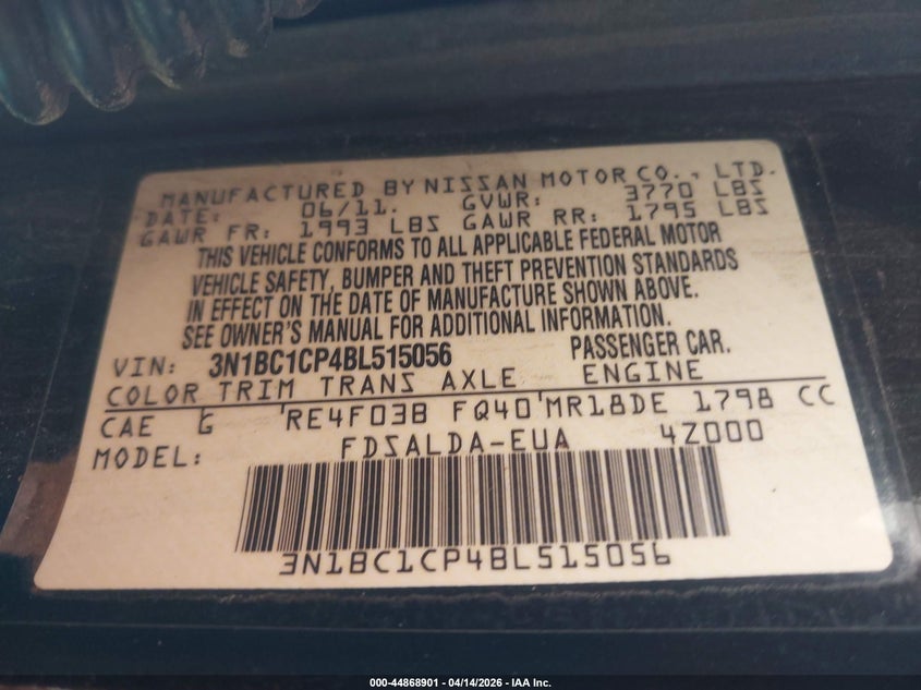 2011 Nissan Versa 1.8S VIN: 3N1BC1CP4BL515056 Lot: 44868901