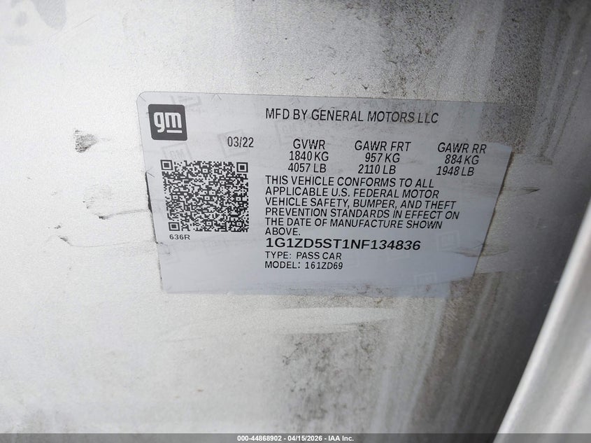 2022 Chevrolet Malibu Fwd Lt VIN: 1G1ZD5ST1NF134836 Lot: 44868902