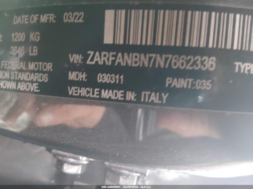 2022 Alfa Romeo Giulia Ti Awd VIN: ZARFANBN7N7662336 Lot: 44868907