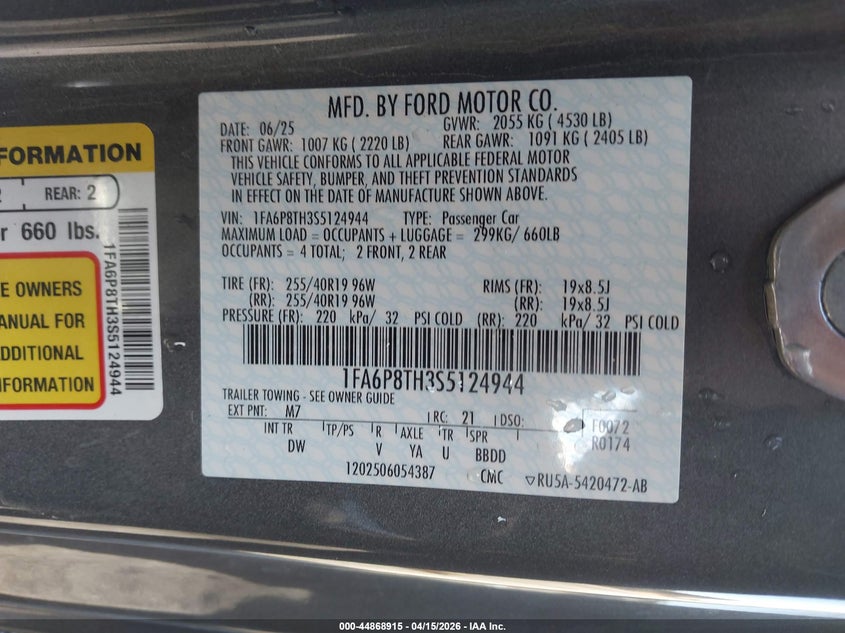 2025 Ford Mustang 2.3 Ecoboost Fastback grey Lot 111044868915 Vin 1FA6P8TH3S5124944
