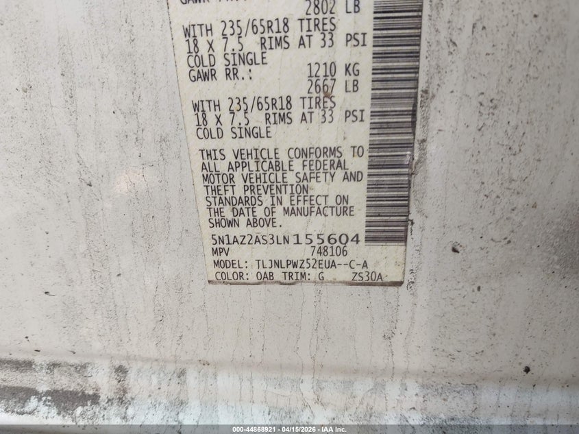 2020 Nissan Murano S Intelligent Awd VIN: 5N1AZ2AS3LN155604 Lot: 44868921