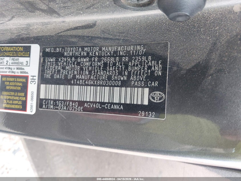 2008 Toyota Camry Le VIN: 4T4BE46KX8R030008 Lot: 44868924