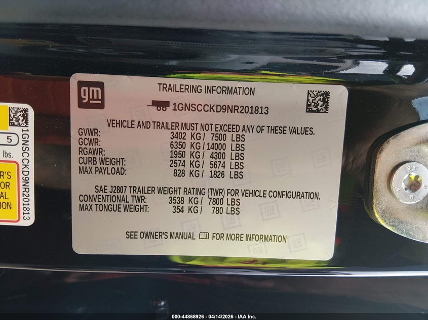 2022 Chevrolet Suburban 2Wd Lt VIN: 1GNSCCKD9NR201813 Lot: 44868926