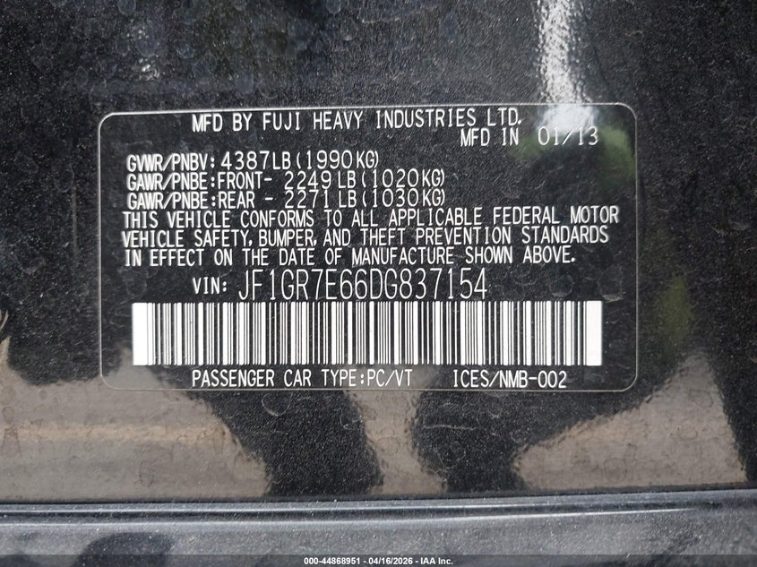 2013 Subaru Impreza Wrx VIN: JF1GR7E66DG837154 Lot: 44868951