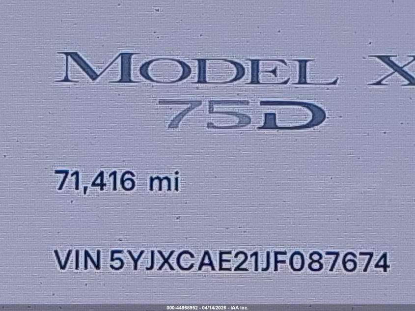 2018 Tesla Model X 100D/75D/P100D VIN: 5YJXCAE21JF087674 Lot: 44868952