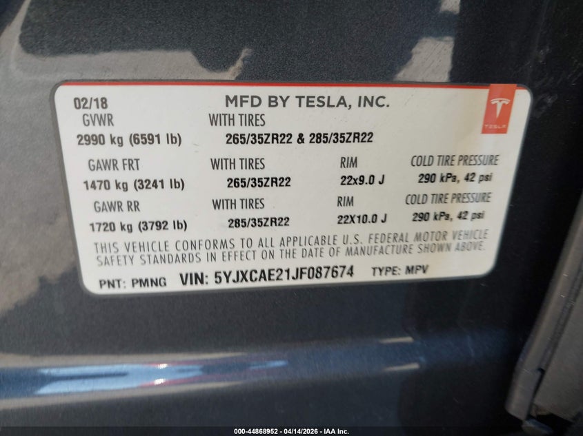 2018 Tesla Model X 100D/75D/P100D VIN: 5YJXCAE21JF087674 Lot: 44868952