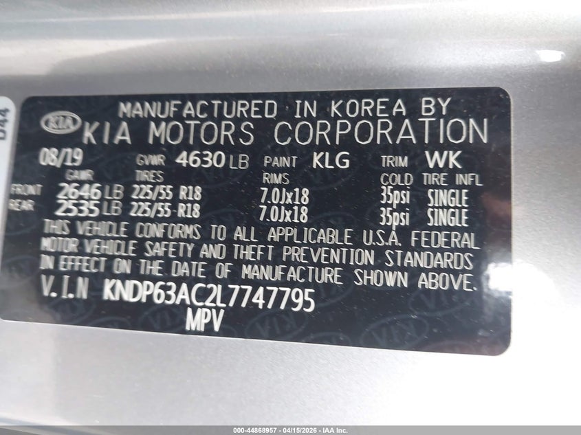 2020 Kia Sportage S VIN: KNDP63AC2L7747795 Lot: 44868957
