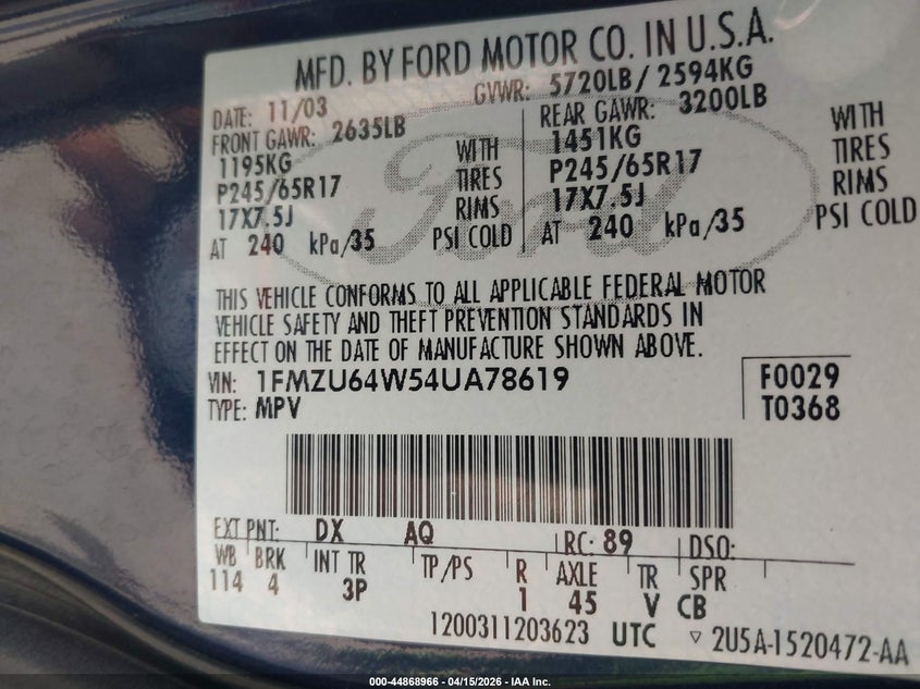 2004 Ford Explorer Eddie Bauer VIN: 1FMZU64W54UA78619 Lot: 44868966