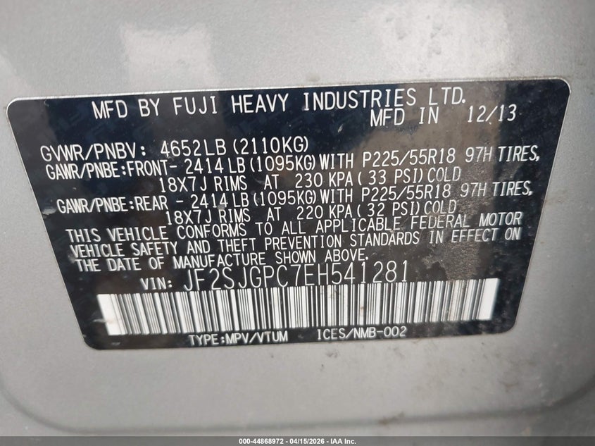 2014 Subaru Forester 2.0Xt Touring VIN: JF2SJGPC7EH541281 Lot: 44868972