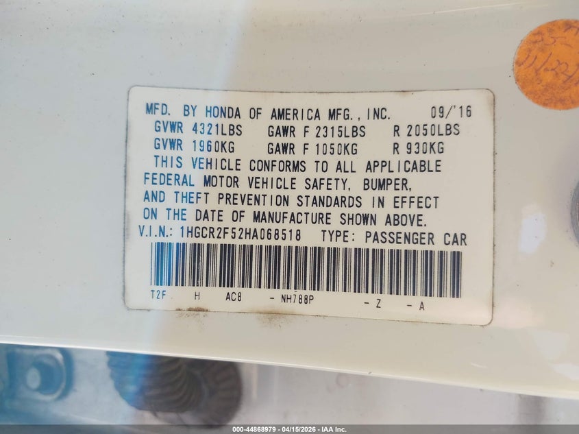 2017 Honda Accord Sport VIN: 1HGCR2F52HA068518 Lot: 44868979