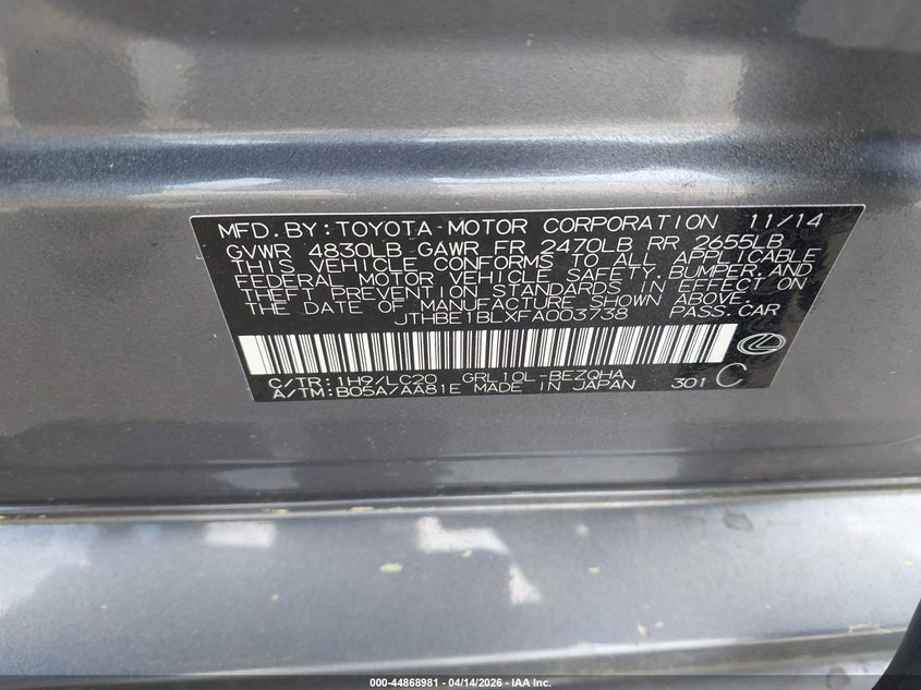 2015 Lexus Gs 350 VIN: JTHBE1BLXFA003738 Lot: 44868981