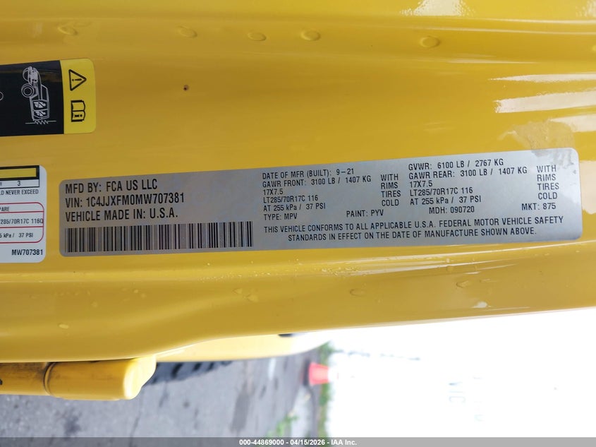 2021 Jeep Wrangler Unlimited Rubicon 4X4 VIN: 1C4JJXFM0MW707381 Lot: 44869000