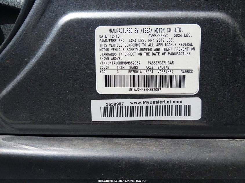 2011 Infiniti Ex35 Journey VIN: JN1AJ0HR9BM852057 Lot: 44869034