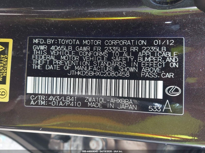 2012 Lexus Ct 200H Premium VIN: JTHKD5BHXC2080458 Lot: 44869045